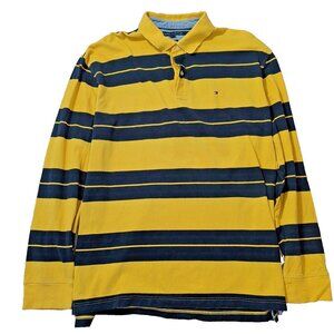 Mens Vintage 00s Tommy Hilfiger Yellow Striped long Sleeve XXL Polo Shirt Preppy